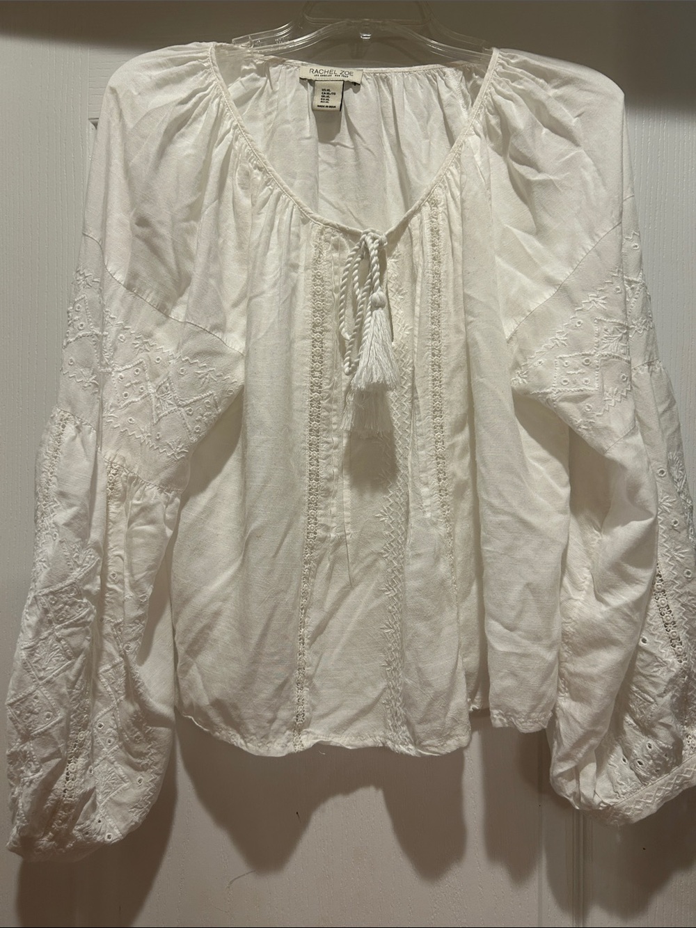 Rachel Zoe White Embroidered Peasant Blouse with Tassel Tie